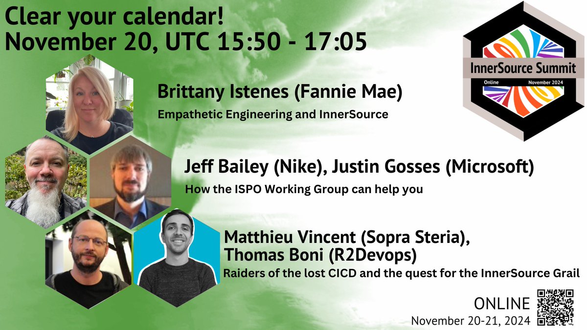 InnerSource Commons (@innersourceorg) on Twitter photo ๐ #ClearYourCalendar on Wed, Nov 20 for:
๐ฆธโโ๏ธ @BrittanyIstenes, <a href="/FannieMae/">Fannie Mae</a>
๐จ๐ปโโ๏ธ <a href="/jeffabailey/">Jeff Bailey</a>, Nike & Justin Gosses, <a href="/Microsoft/">Microsoft</a>
๐ฅท๐ฟ <a href="/yodamad03/">๐จ๐ปโ๐ป Mat V.</a>, <a href="/SopraSteria/">Sopra Steria</a> & <a href="/thomas_boni/">Thomas Boni ๐</a>,
<a href="/r2devops/">R2DevOps</a>
๐ #InnerSourceSummit, Nov 20-21
๐Tickets: bit.ly/4gu23Ib
โน๏ธ bit.ly/3yk8j3S ๐ #ClearYourCalendar on Wed, Nov 20 for:
๐ฆธโโ๏ธ @BrittanyIstenes, <a href="/FannieMae/">Fannie Mae</a>
๐จ๐ปโโ๏ธ <a href="/jeffabailey/">Jeff Bailey</a>, Nike & Justin Gosses, <a href="/Microsoft/">Microsoft</a>
๐ฅท๐ฟ <a href="/yodamad03/">๐จ๐ปโ๐ป Mat V.</a>, <a href="/SopraSteria/">Sopra Steria</a> & <a href="/thomas_boni/">Thomas Boni ๐</a>,
<a href="/r2devops/">R2DevOps</a>
๐ #InnerSourceSummit, Nov 20-21
๐Tickets: bit.ly/4gu23Ib
โน๏ธ bit.ly/3yk8j3S