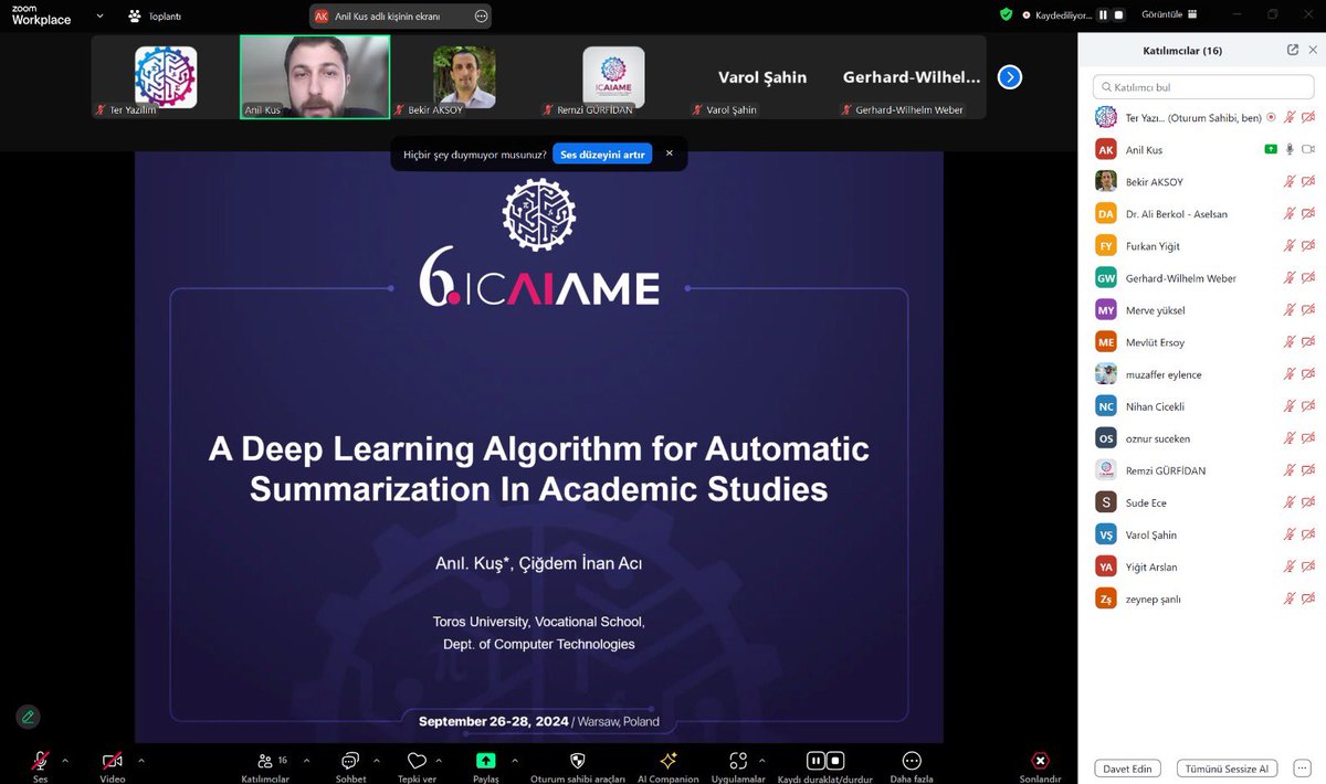 icaiame's tweet photo. Mühendislikte Yapay Zeka ve Uygulamalı Matematik Uluslararası Konferansımızın üçüncü günü online olarak paralel oturumlarla devam etmektedir. #icaiame https://t.co/ZHesNje3xZ