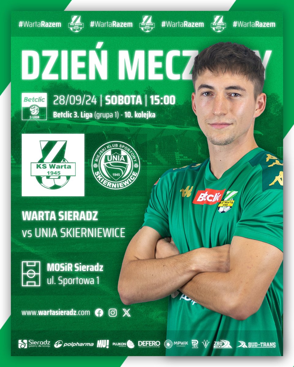 ⚽ DZIEŃ MECZOWY!
🏆 Betclic 3. Liga (grupa 1) - 10. kolejka
🆚 <a href="/uniaskcofficial/">Unia Skierniewice</a> 
🕒 15:00
📌 MOSiR Sieradz, ul. Sportowa 1

📰 Zapowiedź spotkania:
wartasieradz.com/sieradz-gosci-…

#WartaRazem! 🟩⬜🟩