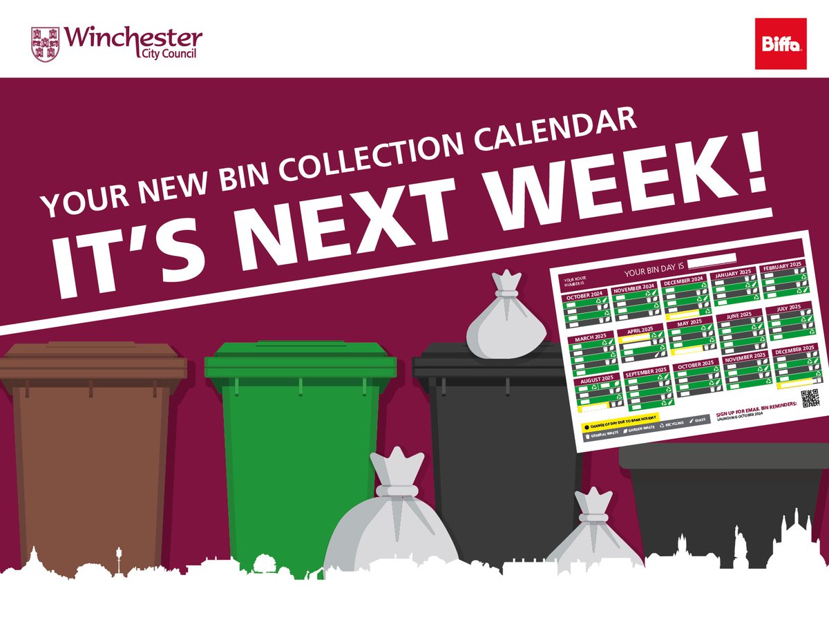 🗓️Your new bin calendar starts Monday 7 October. Until then, please continue putting your bins out as usual this week – the current calendar has been extended.
🤔 You can check your bin schedule for this week, and beyond, at winchester.gov.uk/bin-calendar 👍