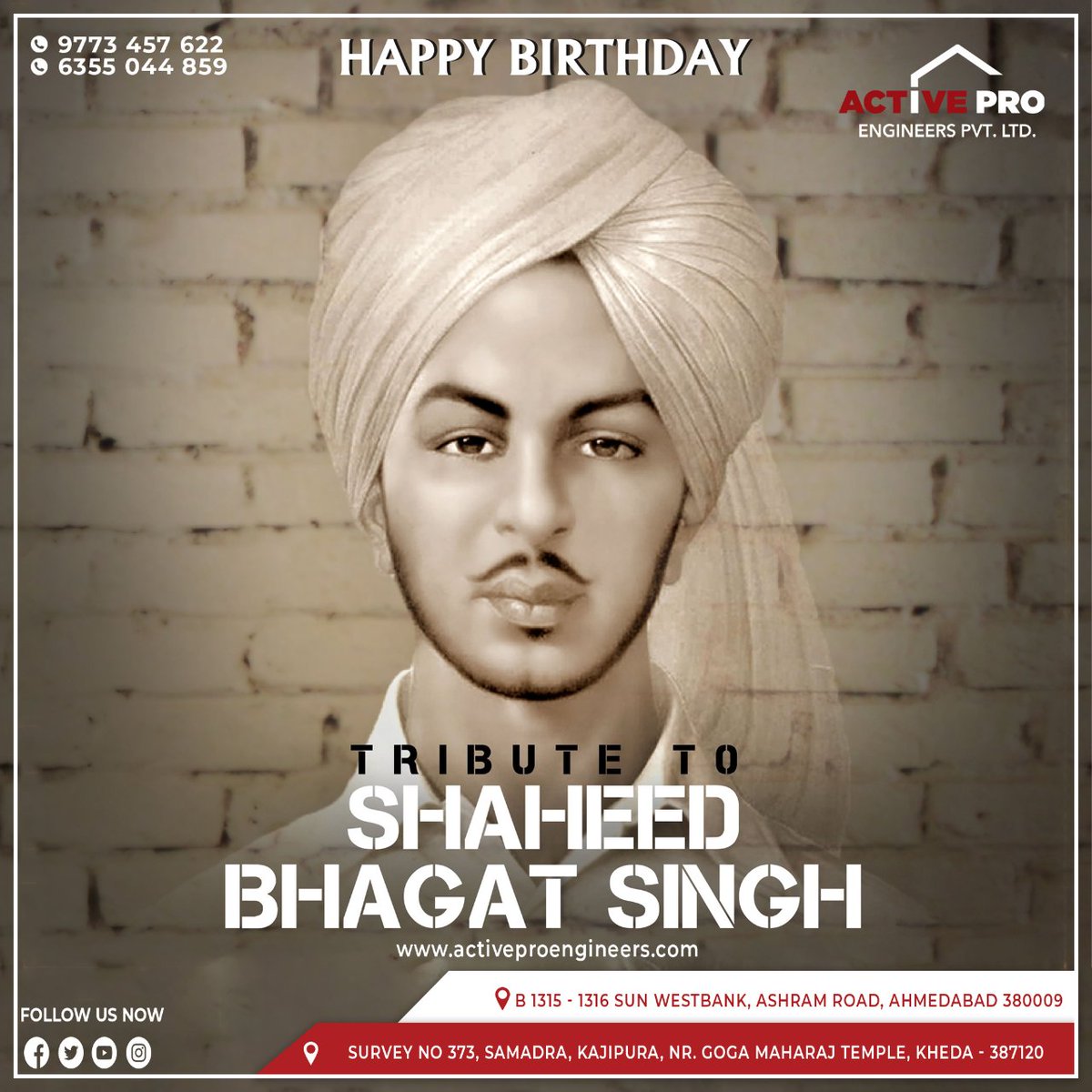ActiveProEng's tweet image. 🇮🇳 Remembering Shaheed Bhagat Singh on his birth anniversary. His bravery and sacrifice inspire us to contribute to the nation’s progress with dedication and integrity. 🙏 #BhagatSingh #ShaheedBhagatSingh #ActiveProEngineers