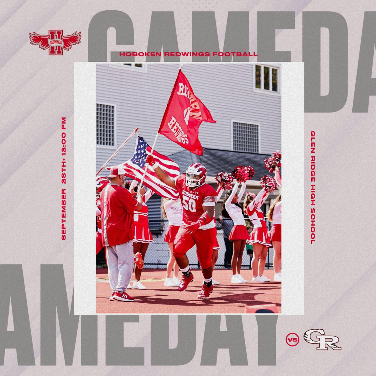 Today is Gameday! Our Redwings (1-2) take on the Glen Ridge Ridgers (1-2) in a SFC showdown in Glen Ridge at 12pm. 
#RedwingsFootball 
#HereWeComeHoboken
