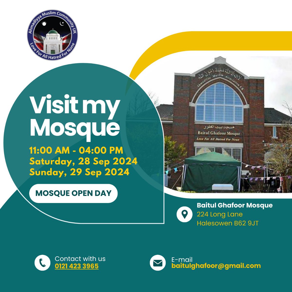 BaitulGhafoor's tweet image. &quot;Excited to welcome our neighbours for #VisitMyMosque day! 🕌 

Join us for a day of connection, learning, and unity. 

Everyone is welcome to experience the warmth of our community and learn more about Islam. 

See you there! 
#Community #OpenDoors #Unity