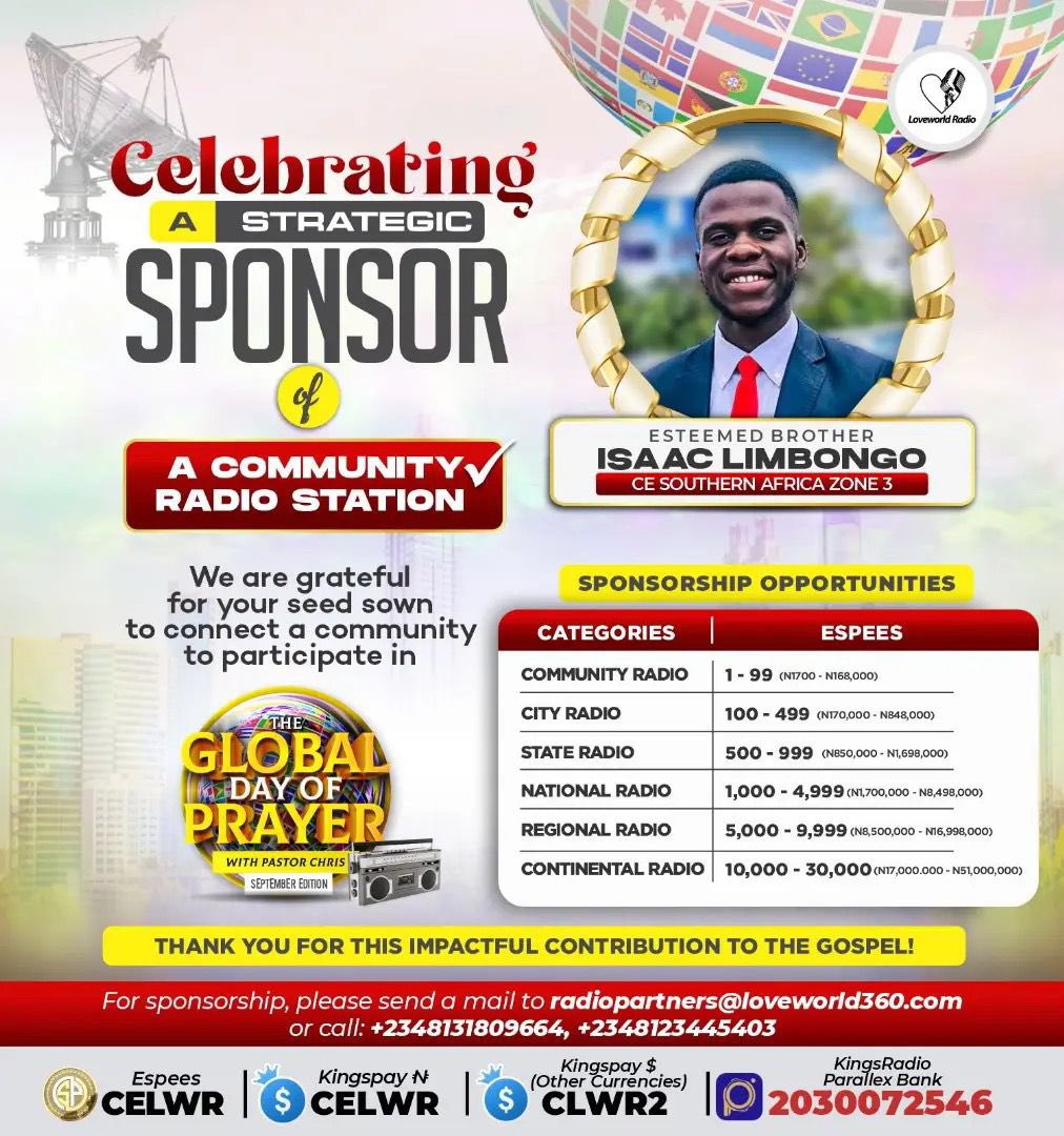 TMfirstflight's tweet photo. CELEBRATING A STRATEGIC SPONSOR OF A COMMUNITY RADIO STATION!

We are grateful for your seed sown to connect a Community to participate in the September edition of the Global Day of Prayer with our Man of God Pastor Chris.

God Bless You Abundantly 

#gdoponradio
#teamfirstflight https://t.co/OCS5rS76Gn