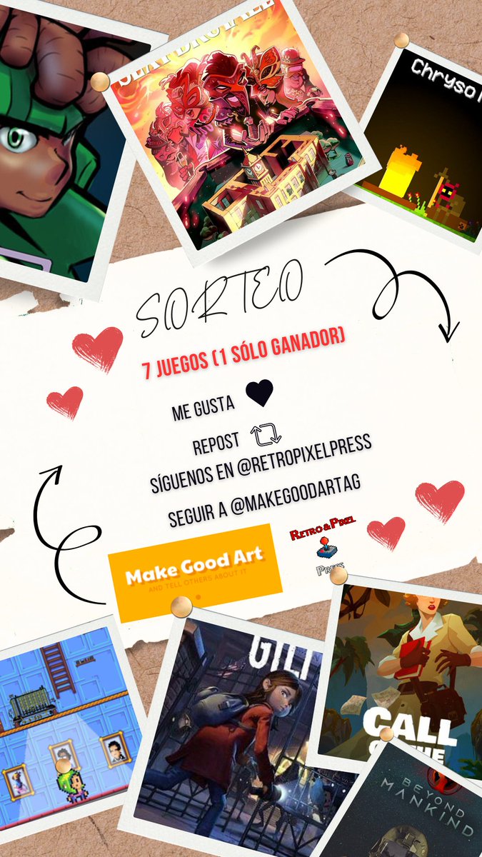 🥂 ¡Queda un día y seguimos de #Sorteo #Giveaway!

¡¡Hoy sorteamos 7 juegos de PC (Steam) gracias a <a href="/MakeGoodArtAg/">MGA Agency | En nuestra marketing-girl era 💫</a>!! 😊

Condiciones:
❤️Me gusta
🔁Repost
✖️Seguirnos  
✖️Seguir a <a href="/MakeGoodArtAg/">MGA Agency | En nuestra marketing-girl era 💫</a> 

Listado de juegos en el siguiente Post ⬇️