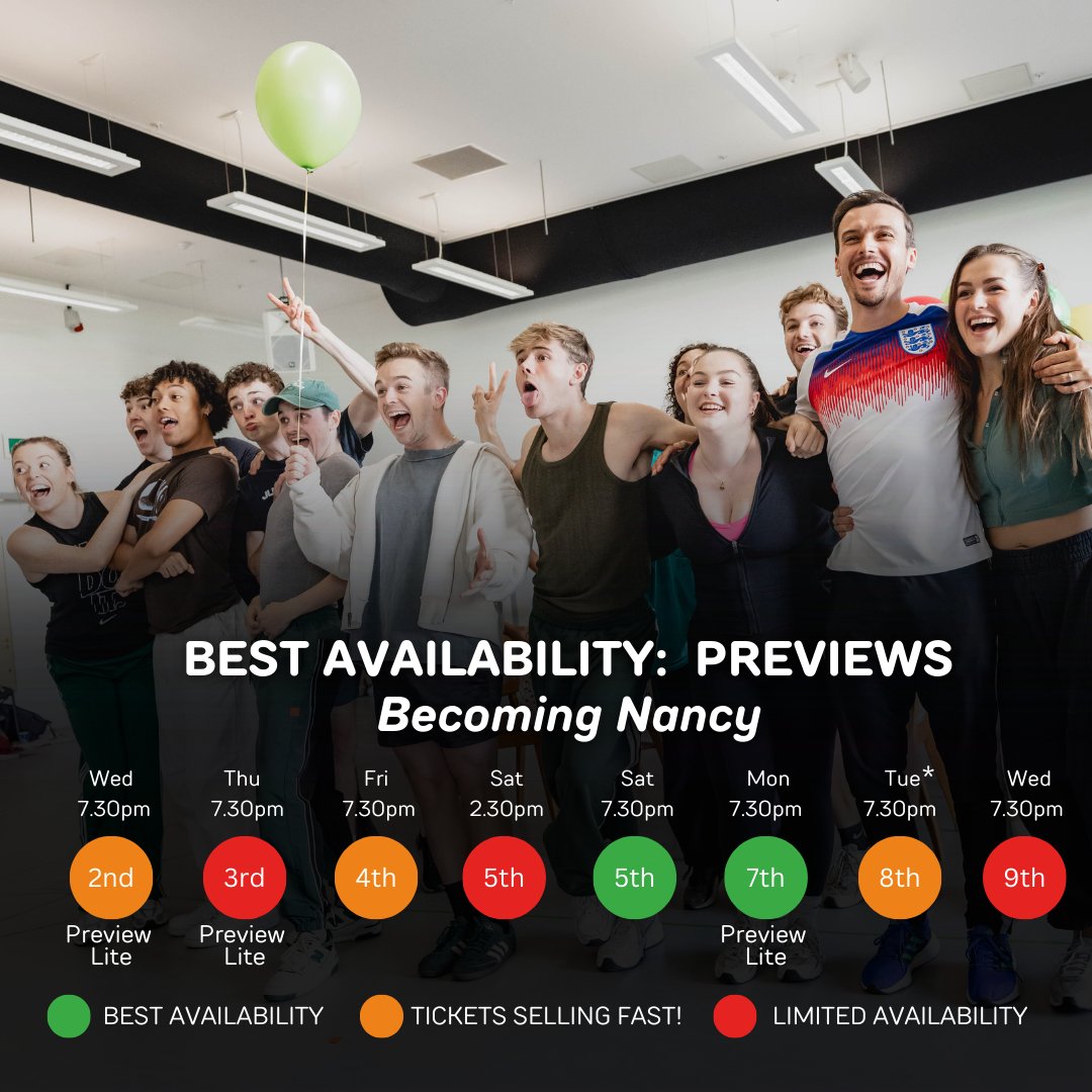 We're heading into the previews for <a href="/becomingnancy/">BECOMING NANCY</a> ⭐❤️ We can't wait for our audiences to fall in love with this amazing new musical but tickets are selling fast!

Best availability:
Sat 5 at 7.30pm 
Mon 7 at 7.30pm (Preview Lite – all tickets £15)

Selling fast!:
Wed 2 at