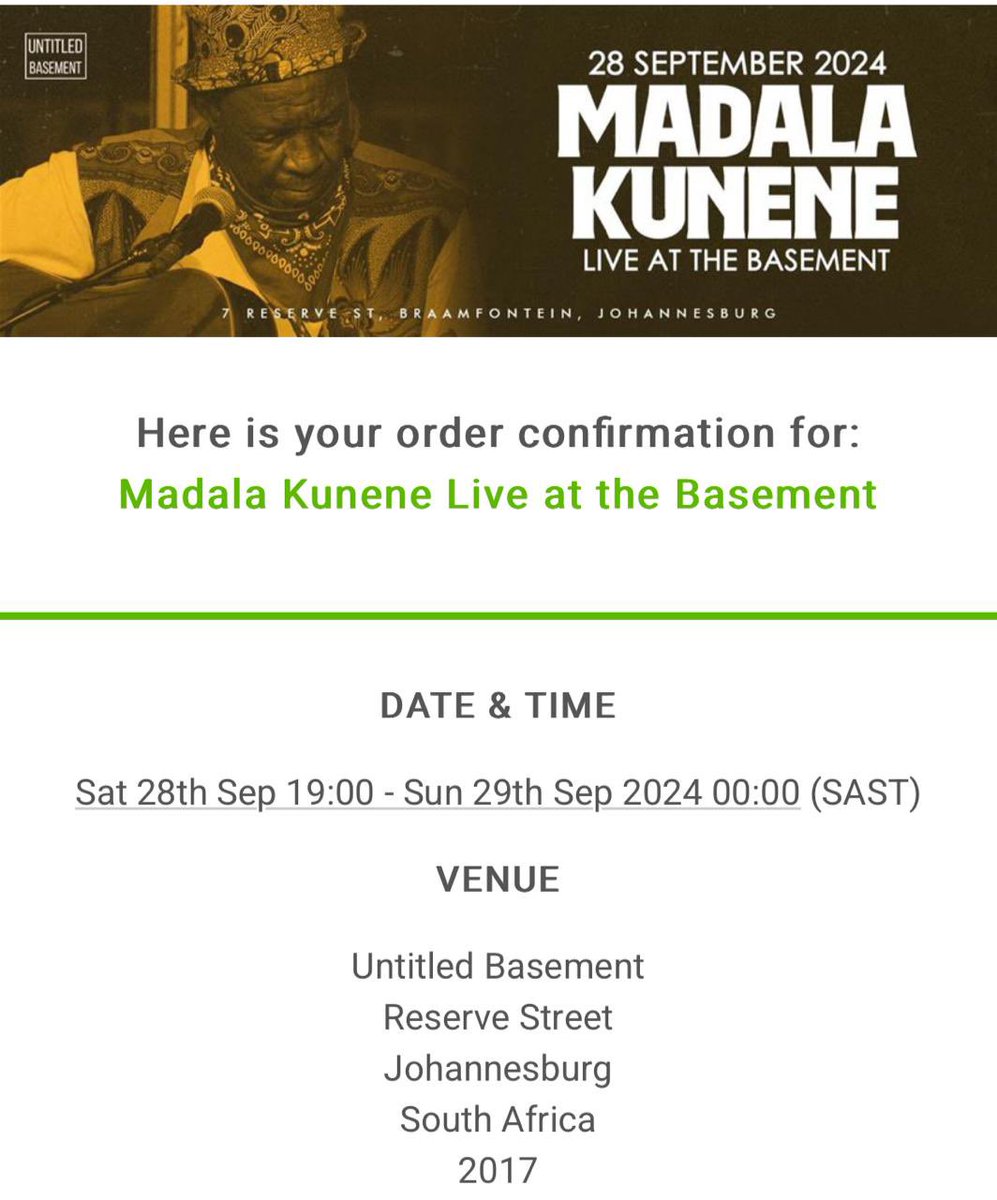 Hey everyone,

I’ve got a pre-sold ticket for Madala Kunene at the Untitled Basement tonight for R250. Hit me up if you’d like the ticket.