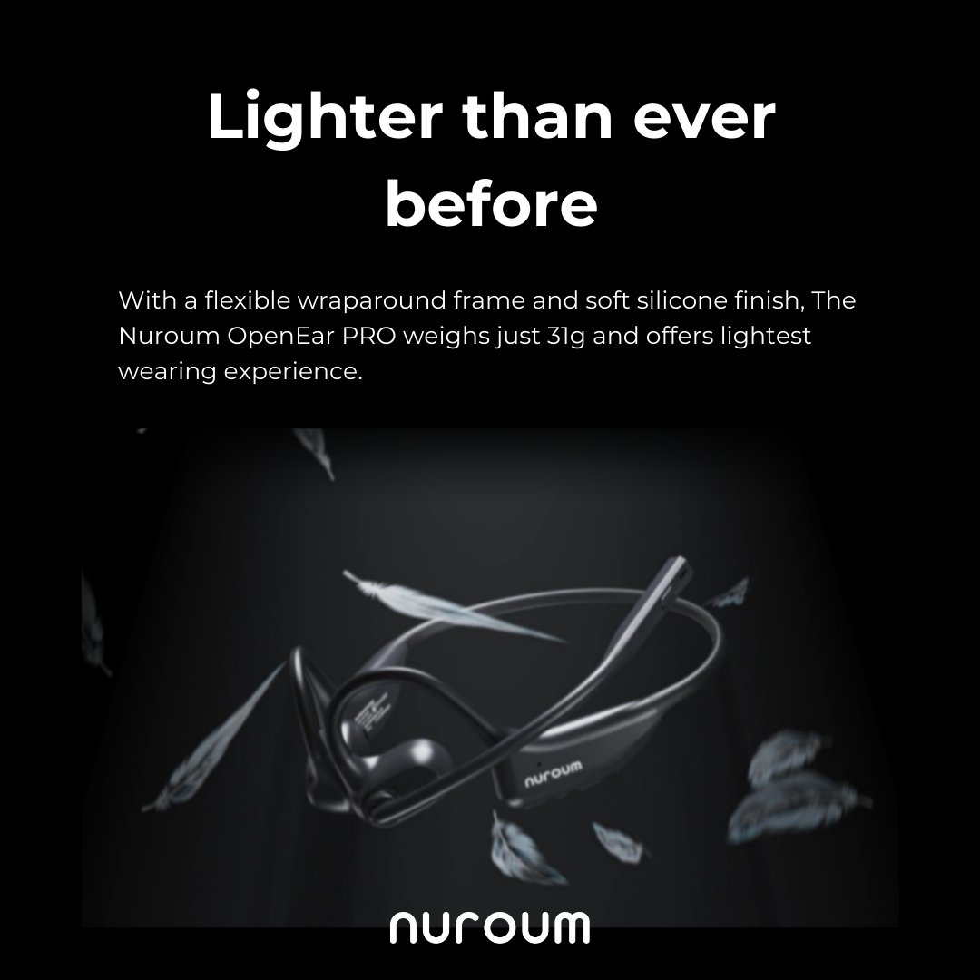 ✨ With open-ear design, the OpenEar Pro lets your ears breathe.
💧 Crafted with soft, silicone, it molds effortlessly to your head and ears. 
👜 At just 32g lightweight, you’ll barely feel it!
Experience now: openear.nuroum.com/products/opene…
#nuroum #alldaycomfort #lightweightheadset