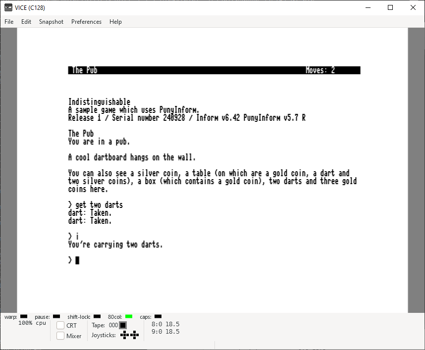 FRamsberg's tweet photo. Retro text adventure library PunyInform v5.7 is out! Some news:
* Parser handles "take two books"
* Custom parse token routine can return more types of parse tokens

Get it at https://t.co/TDVR9ZpWcO https://t.co/vpFwULNJQy