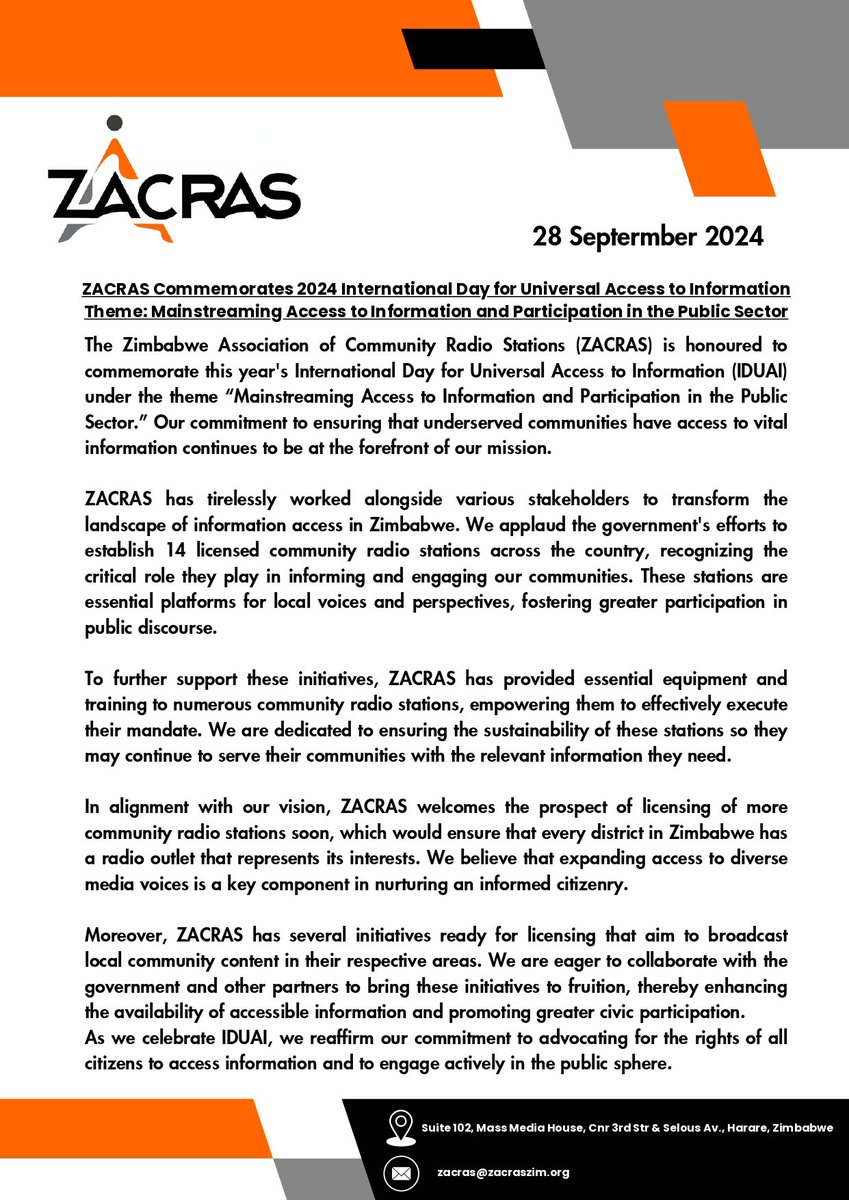 ZacrasOnline's tweet photo. #Statememt: ZACRAS Commemorates 2024 International Day for Universal Access to Information #IDUAI #StrengtheningCommunityRadio @amnesty_zim @citezw @NewsHawksLive @NewsDayZimbabwe @citezw @GMCZimbabwe @nickmangwana @HonJMuswereJnr @InfoMinZW @jsnetzim @nangozimbabwe https://t.co/ZNctcyFqLI