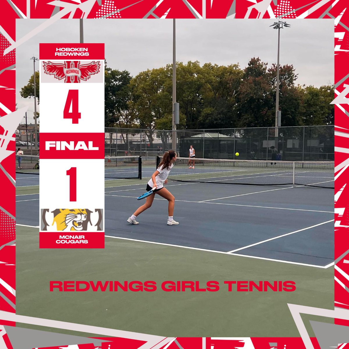 Hoboken HS Girls Tennis defeated McNair HS 4-1. Abigail Scott, Laura Scott, and Sylvie Strell won their singles matches in straight sets. Yazleen Rivera and Anna Rekeda clinched the match win for Hoboken in a tie break. 
#RedwingsTennis 
#HereWeComeHoboken