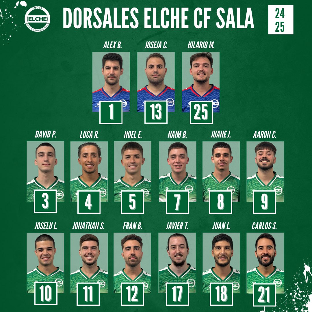elchecfsala's tweet photo. 💚𝗗𝗼𝗿𝘀𝗮𝗹𝗲𝘀 𝗘𝗖𝗙𝗦 𝟮𝟰/𝟮𝟱🤍
🤩 ¡Os presentamos los dorsales oficiales del primer equipo durante esta temporada! 👕
#ElcheCFS💚🤍 #MuchoSala #Season2425 https://t.co/KdSr2nO9MY