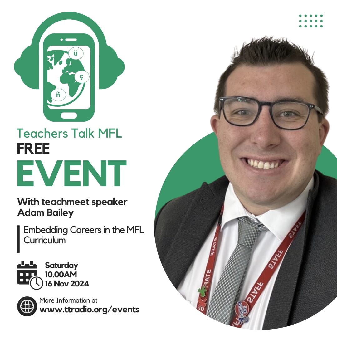 Did you know that @bailey_mfl will be joining us in Manchester on November 16th along with our other speakers. Adam will be talking about careers in MFL lessons and we can't wait to hear from him. Grab your tickets here! eventbrite.com/e/teachers-tal…