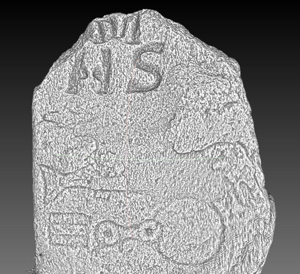 Here's a radiance scaling view of the Upper Manbeen #Pictish symbol stone. Is the "fish monster" (only ever seen on this stone) actually two symbols: 1) the salmon; 2) a wolf-head/beast? You can also see the serpent undulating across the stone #3d #photogrammetry