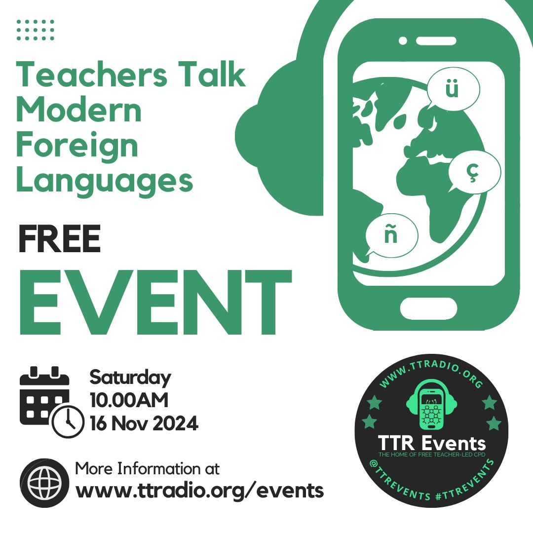 Miss Mlls (@mllemls) on Twitter photo I'm excited to be working with <a href="/missmfl16/">Miss P NPQLT</a> and <a href="/BotonesSalgado/">Esmeralda Salgado</a> to bring you this event in November. Check out <a href="/TTRmfl/">Teachers Talk MFL</a> for all of our speaker announcements so far. It's going to be a brilliant day! You can get your free tickets here 👇
eventbrite.com/e/teachers-tal… I'm excited to be working with <a href="/missmfl16/">Miss P NPQLT</a> and <a href="/BotonesSalgado/">Esmeralda Salgado</a> to bring you this event in November. Check out <a href="/TTRmfl/">Teachers Talk MFL</a> for all of our speaker announcements so far. It's going to be a brilliant day! You can get your free tickets here 👇
eventbrite.com/e/teachers-tal…