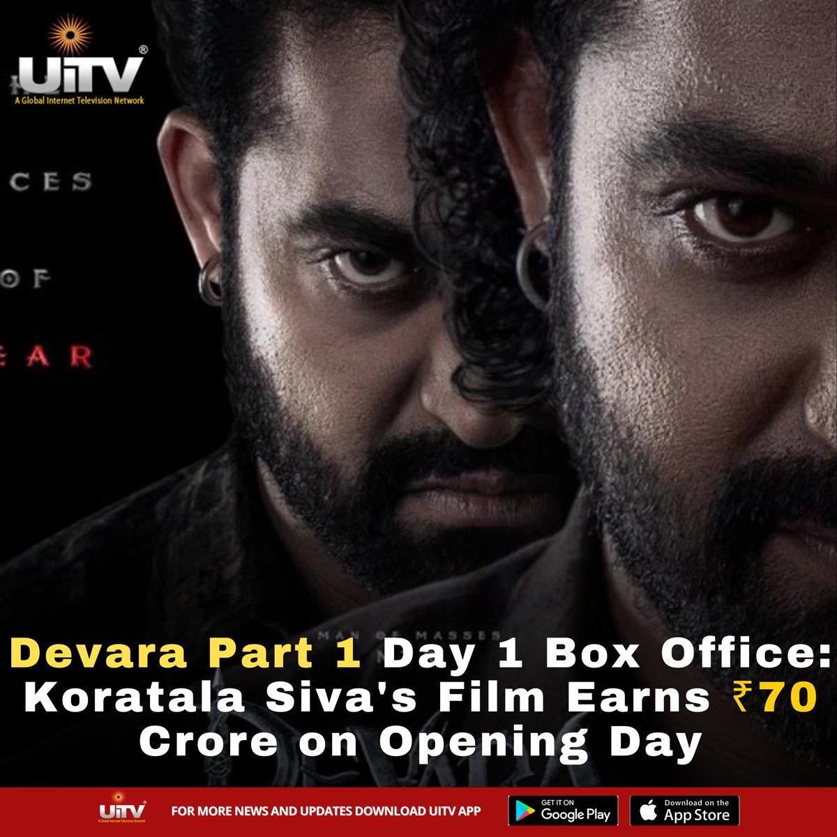 UiTV_Connect's tweet photo. 💥 Devara Part 1 opens to impressive numbers! Koratala Siva's film collects over ₹70 crore on Day 1 at the box office! 🏆✨
The blockbuster journey has begun! 🎬🔥 #DevaraPart1 #BoxOffice #70Crore #Day1 #KoratalaSiva #IndianCinema #JanhviKapoor https://t.co/wE5icVdWv6