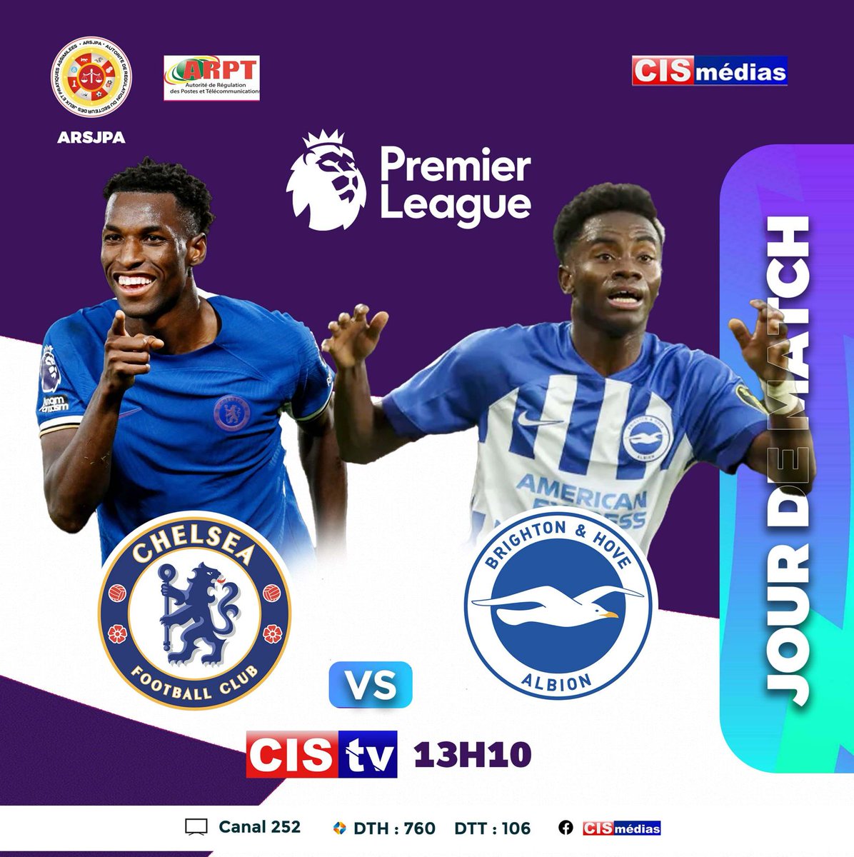 🗓 Jour de match EPL 🏴󠁧󠁢󠁥󠁮󠁧󠁿
⌚️ 13h 10 TU (prise d'antenne)
🔴 LIVE | Chelsea Football Club 🆚️ Brighton &amp; Hove Albion FC 

Avec <a href="/ARPT_Gn/">ARPT Guinée</a>