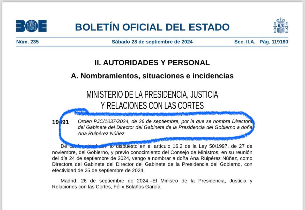 En un país serio se podría concebir que existiera “la ministra de un ministro”? 

Un sin sentido verdad? 

Pues en España se acaba de publicar en BOE el nombramiento de una “directora general del Gabinete del director general del Gabinete ”; y se han fumado un puro. 

Impuestos