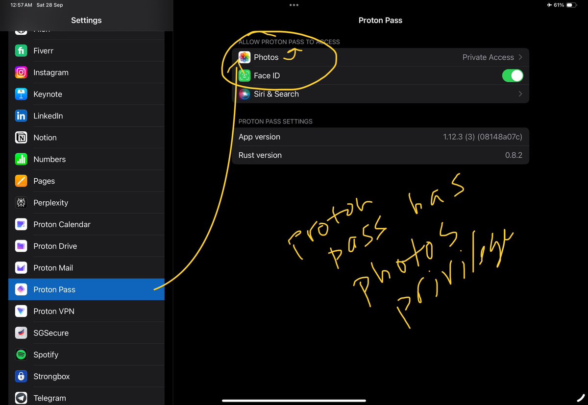 hak_feed0's tweet image. @ProtonPrivacy @Proton_Pass @ProtonVPN @ProtonMail #ProtonPass began escalating @Apple #iPadPro #M4 #Photo privileges and began enforcing the Limited Access control over media. Some disk write over kernels. Access when locked - Home Control.. im on #lockdownmode. @BleepinComputer
