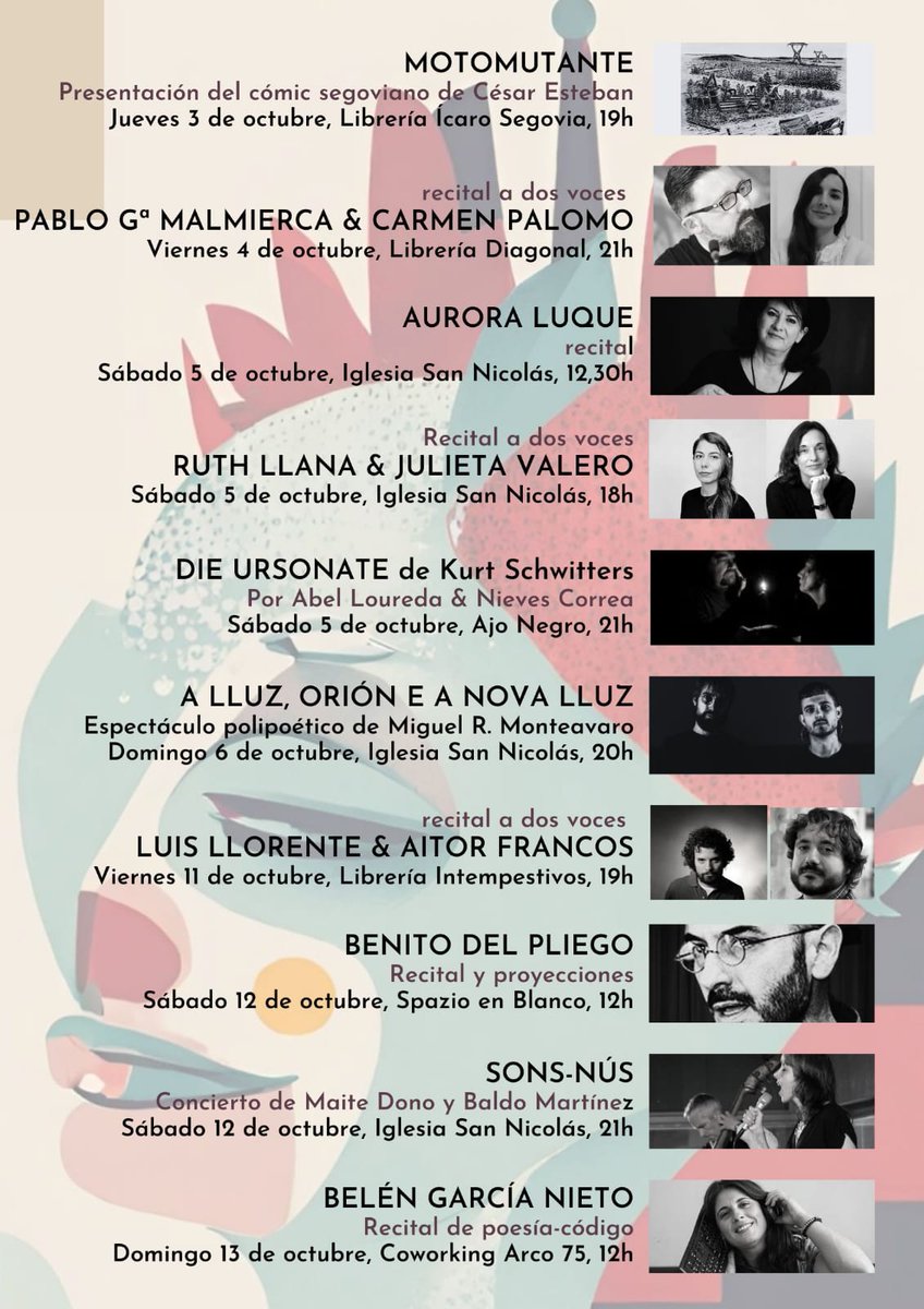 pagmalmierca's tweet photo. El próximo día 4 de octubre viernes estaré en Segovia participando en el Festival Vasos Comunicantes. Será en la Librería Diagonal de Segovia a las 21:00h. Recital a dos voces junto a la poeta Carmen Palomo Pinel . Os esperamos. https://t.co/evTX83Xcs4