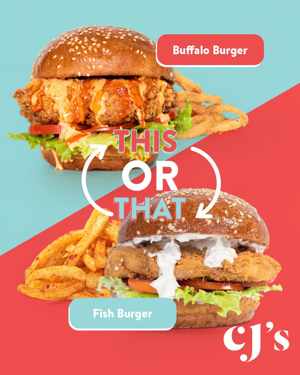 CJs__256's tweet photo. 🍔 This or That? 🍔 
Which one is calling your name? 👇 
🔥Buffalo Chicken Burger or 🐟 Crispy Fish Burger?  
Drop your pick in the comments and let the burger battle begin! #CJS #fishburger #buffalochickenburger #buffalochicken #chicken #fypシviralシ2024 https://t.co/yJ8rAcIpb0