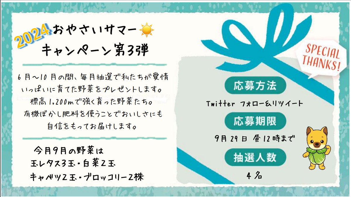 dic_private's tweet photo. 10月あるかないかわかんないので奮ってご参加を！！

条件
フォロー＆リポ
期日
９月２９日　昼１２時まで
賞品
・レタス３玉
・ハクサイ２玉
・キャベツ２玉
・ブロッコリー２株

ちなみにレタスは霜が降ると全滅するのでみんなで地球を温めましょう！！！
SDGｓ信濃川上でした。 https://t.co/Ncf8rPf9wy