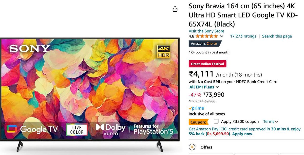 AmazingCreditC's tweet image. SONY BRAVIA (65 inches) 4K Ultra HD Smart LED Google TV @ 58,990 Effectively

Apply 3500 Off Coupon 
+ ₹11,500 Off On SBI No Cost Emi .

amzn.to/4gF9BYF 

TIP : Cancel EMI after Delivery