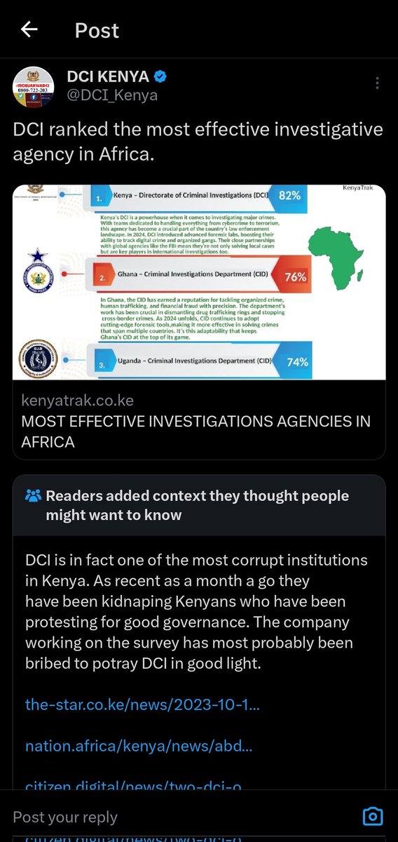 Pettikim's tweet photo. The self praising post by @DCI_Kenya as " most effective investigation agency in Africa" has been flagged by 'community notes'.
This making my case tight and hope @ODPP_KE will concur and issue DTC. https://t.co/CJn1I1phhu