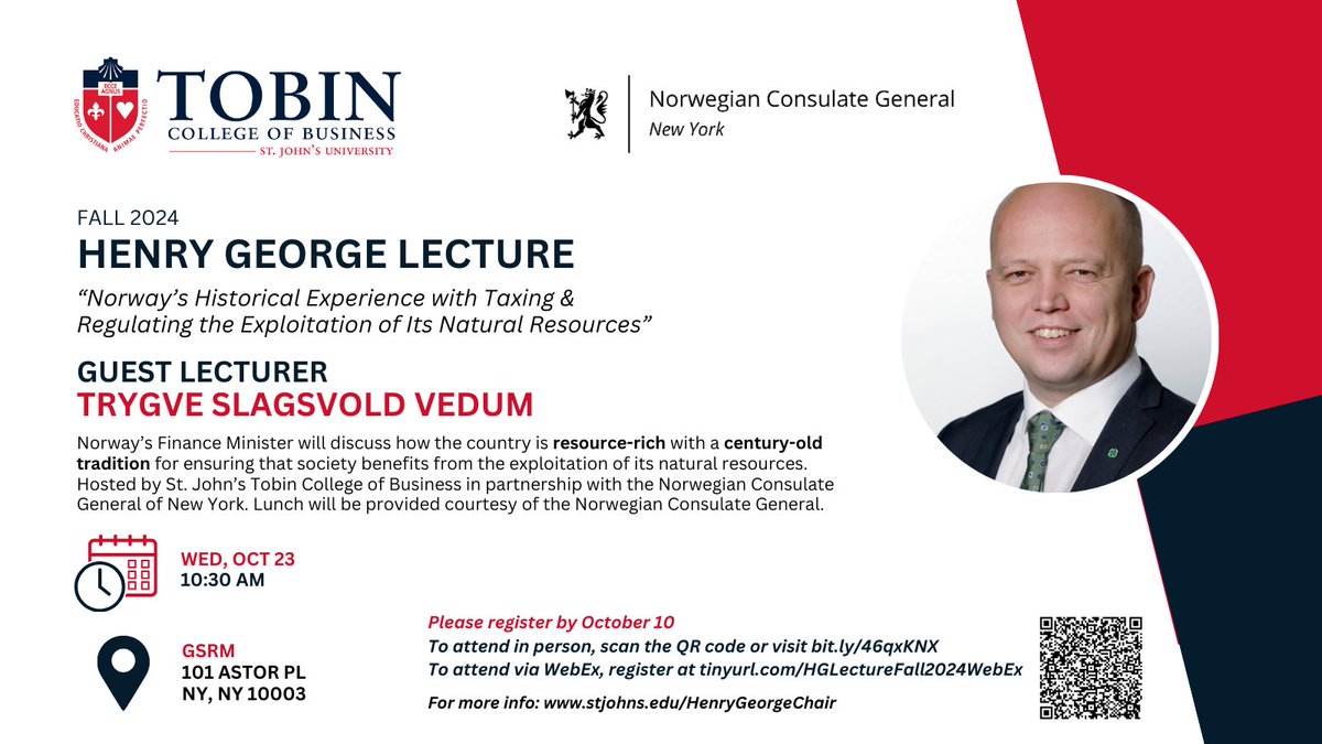 tobincollege's tweet photo. Norway's current Finance Minister and prominent politician Trygve Slagsvold Vedum will deliver the Fall 2024 Henry George Lecture on Wed 10/23 at 10:30AM in @StJohnsU Manhattan campus. Register at https://t.co/LgB9YPAnR7 by Thur 10/10 (WebEx link if can't attend in person). https://t.co/F89lEgsRVW