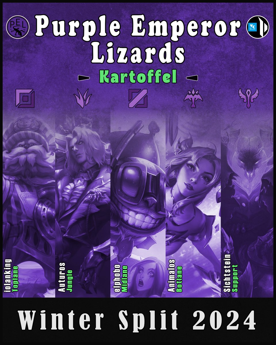 LizardsPurple's tweet photo. Endlich geht der Split wieder los! #AuroraLizards wird zu, ja ihr lest richtig, #KartofffelLizards. Heute um 14 Uhr könnt ihr die auch direkt in der Kali verfolgen.
Das Roster:
⬆️: #iolanking
🏕️: #Auturos
➡️: @elPhobo
🏹: #Animalos
🩺: #Sichtstein
#PEL https://t.co/e5jjJvnI1u