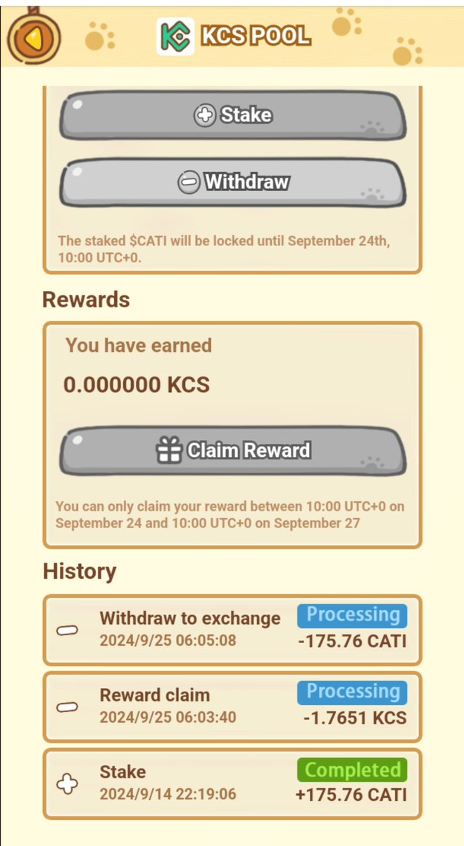 Dogowillhelp's tweet photo. @CatizenAI Staked Cati Theyre still processing, 4 days already passed 
I used kucoin @kucoincom https://t.co/vwI3pF65wg