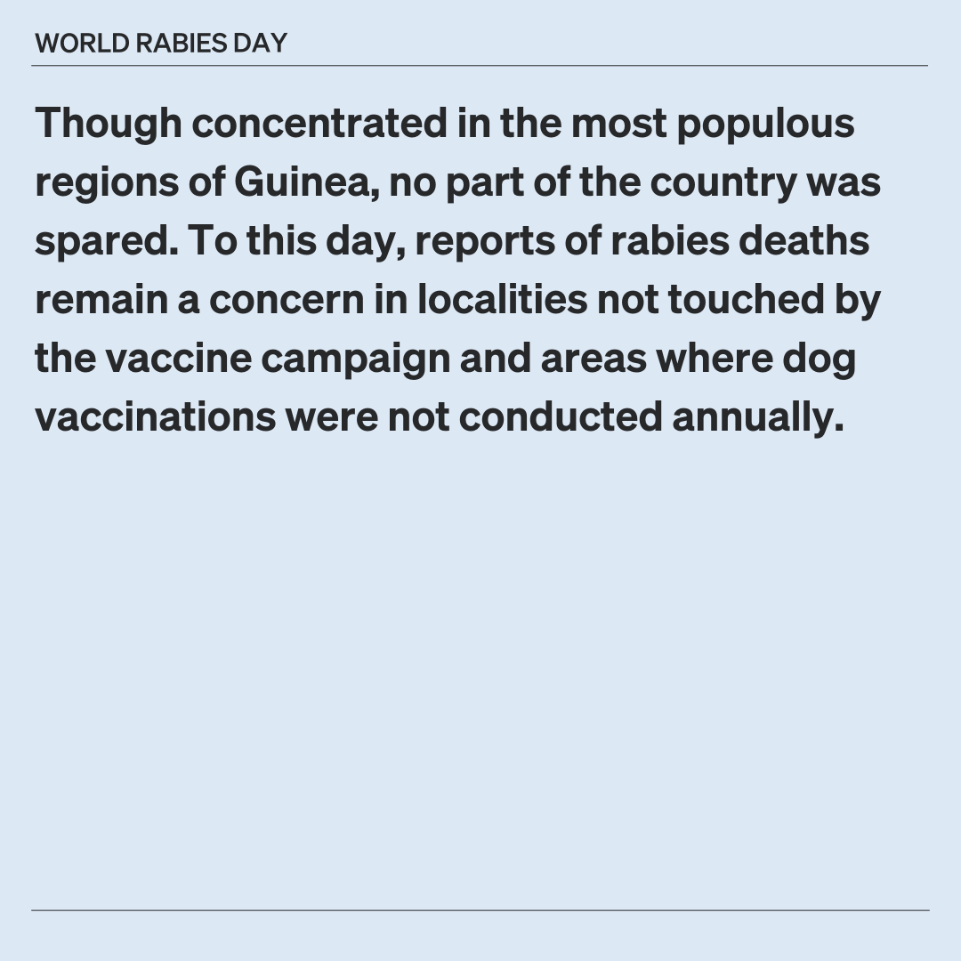 WOAH's tweet photo. With help from WOAH’s vaccine bank, Guinea has taken a significant step toward eliminating rabies with its first-ever nationwide dog vaccination campaign. Through collaborative initiatives, the country is on a mission to eliminate the spread of dog-mediated rabies by 2030.