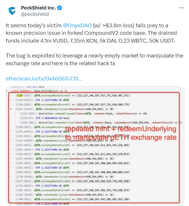 Dany_SuperEx's tweet image. ⛏️#OnyxProtocol Hit by Second Exploit, $3.8 Million in Losses

According to a report from blockchain security platform #PeckShield, #DeFi protocol #Onyx was exploited for $3.8 Million on September 26