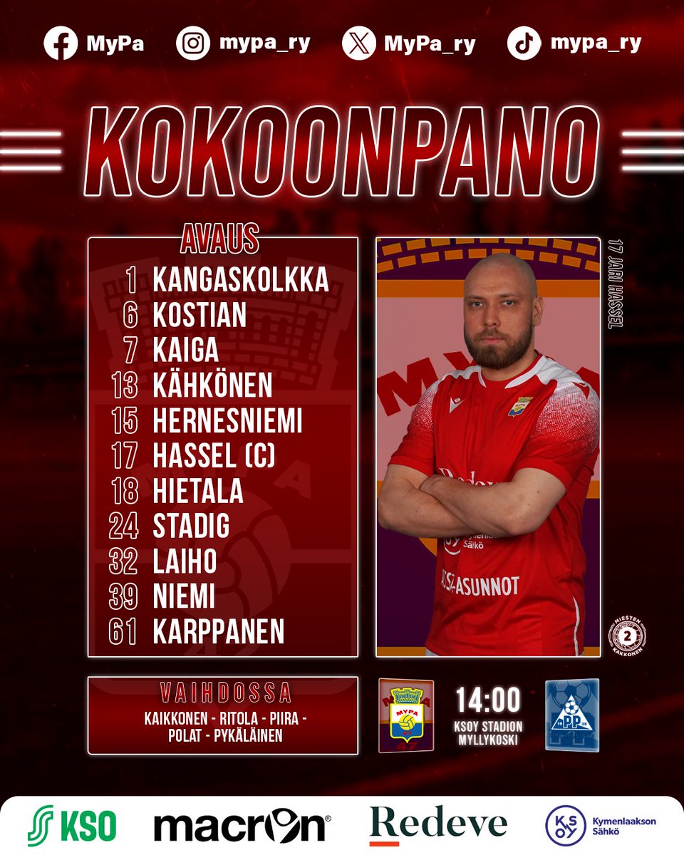 MyPa_ry's tweet photo. MyPan kokoonpano kauden viimeiseen peliin on tässä! 🔥

⚽ MyPa-PPJ
🗓️ La 28.9.
🕛 14:00
🏟️ KSOY Stadion, Myllykoski
🎟️ Portilta 10€. (alle 16-v. ilmaiseksi)
📺 MyPa TV, YouTube

Tervetuloa kannustamaan MyPa voittoon! ❤️🤍

#MyPa #urheilukaupunki #kouvola #kakkonen https://t.co/FOeK487t6w