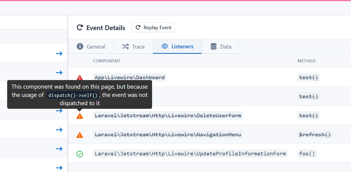 P_vanderMeer's tweet photo. Working on Devtools for Livewire lately. Now got some pretty useful  tools to debug why some components were not listening to events. https://t.co/DYNAhK2oNY