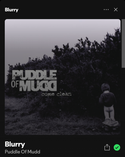 Blurry - Puddle of mudd. a song ive heard a 100 times BUT this time spotify shows me the album cover. how TF am I supposed to enjoy this shit in 2024?. SKIP.