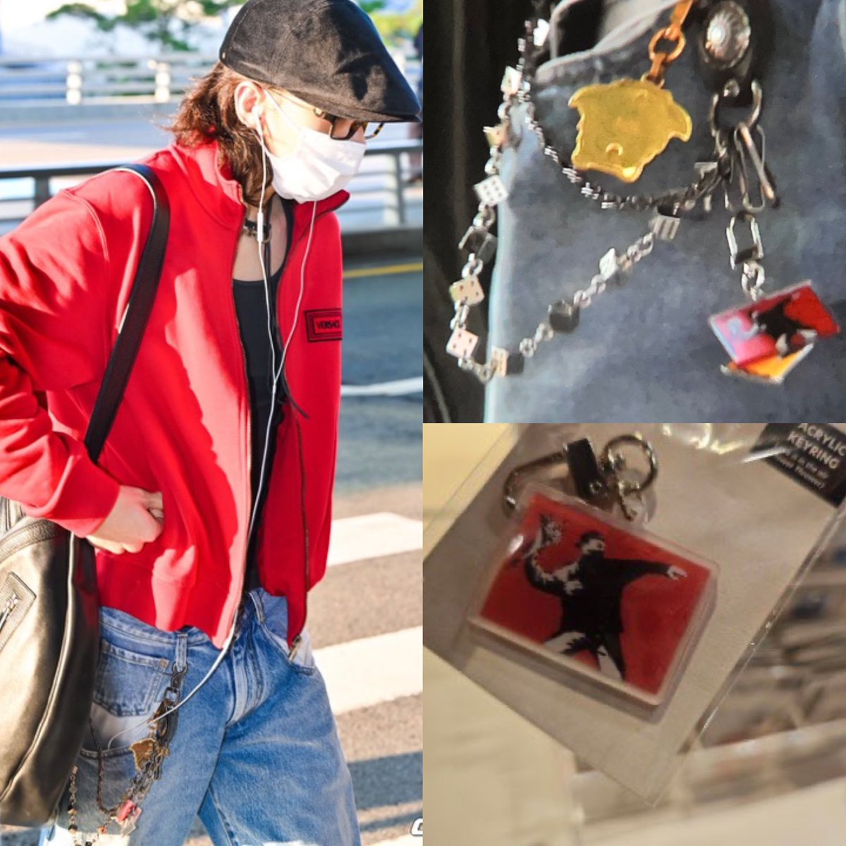 Yall i just noticed hyunjin yesterday wore a key chain , flower thrower painted by banksy in bethleem, palestine !!