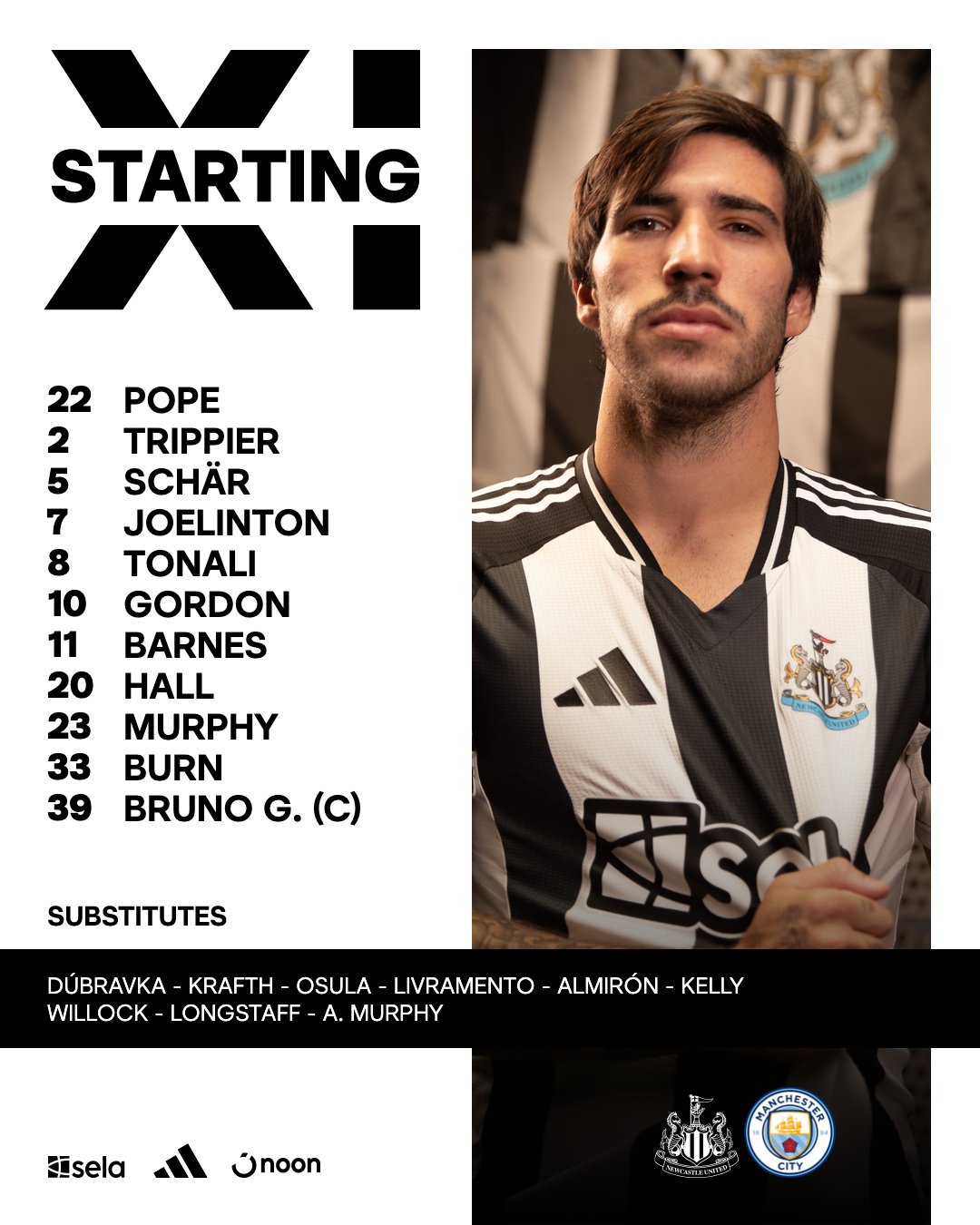 Newcastle United v Man City: Pope, Trippier, Schär, Joelinton, Tonali, Gordon, Barnes, Hall, Murphy, Burn, Bruno G. 