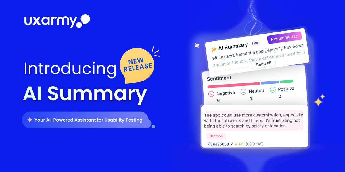 UXArmy's tweet photo. 🚀 Big News from UXArmy! Say hello to AI Summary, our first AI-powered feature! 🎉 Get UX insights from Unmoderated Usability Tests in seconds—no more sifting through recordings!

Why you’ll love it:

Instant Feedback Summaries 🕒
Understand User Sentiments Fast 💬 https://t.co/UJPTaaHO1p