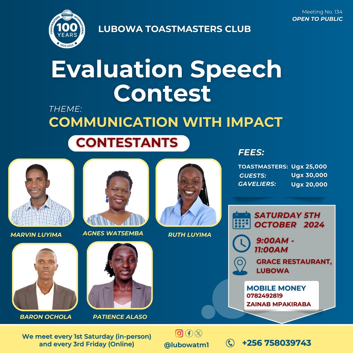✨UNLOCK YOUR COMMUNICATION POTENTIAL ✨
Join Lubowa Toastmasters Club For Evaluation and Table Topics Contests on Saturday, October 5 2024 at 9:00AM - 11:00PM
Improve your publi speaking skills and inspire others💪

#CommunicationWithImpact

See you there ✨