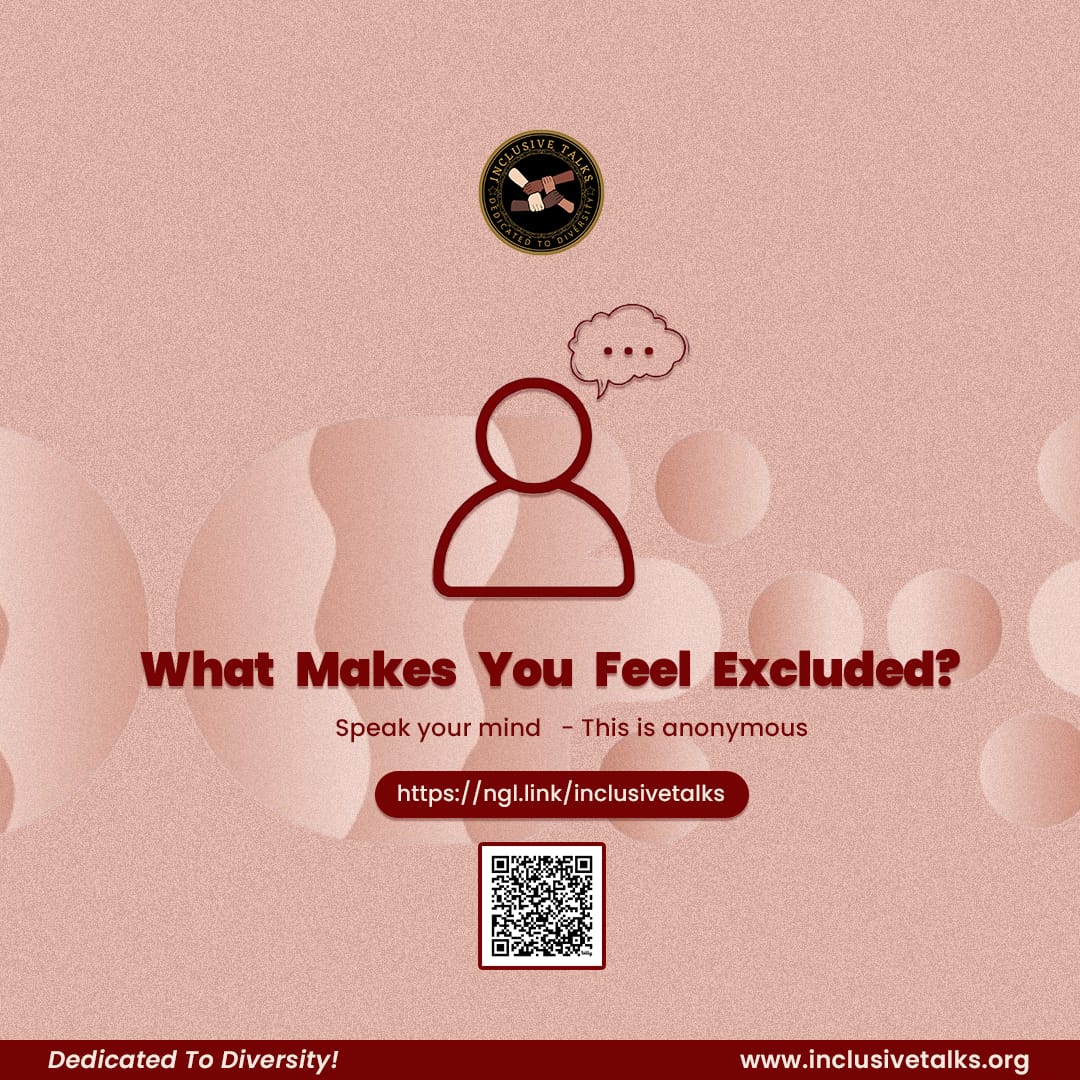 InclusiveTalks's tweet image. WHAT MAKES YOU FEEL EXCLUDED?? 

Your stories are live!!

Inclusive Talks is a platform to raise your voice, build self-esteem, and tell your story.

We're here to listen.💛
We would love to hear your story.🧡
Share with us at:
ngl.link/inclusivetalks