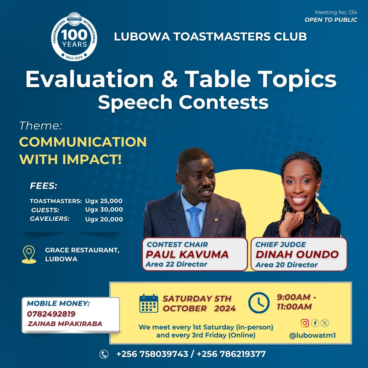 🎤EVALUATION AND TABLE TOPICS CONTESTS 🎤

Meet our esteemed officials
🧑‍💼 Dinah Oundo - Contest Chair
🤵 Paul Kavuma - Chief Judge

Fairness, objectivity, and inspiration assured!

#Toastmasters #ContestOfficials #PublicSpeaking