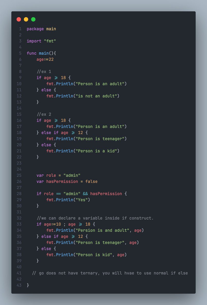 sandipkurmi0's tweet image. 🔀 Step 9: Learning `if-else` in #Golang!
Control flow with `if-else`:
if x > 10 {
fmt.Println("x is greater than 10")
} else {
fmt.Println("x is 10 or less")
}
Straightforward and clean! 🚀 #GoLang #GolangLearning #100DaysOfCode #DevJourney #IfElse