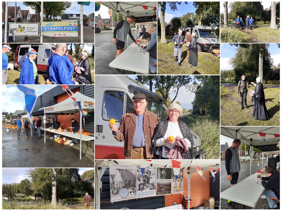 Eerste lopers  <a href="/TochtomdeNoord/">Tocht om de Noord</a> worden vriendelijk ontvangen in Muntendam door het sinaasappelvrouwtje en ook bij stichting archief muntendam (#onderduikershol)  zijn de eerste stempels uitgedeeld.  #todn24 #middengroningen #wandelen