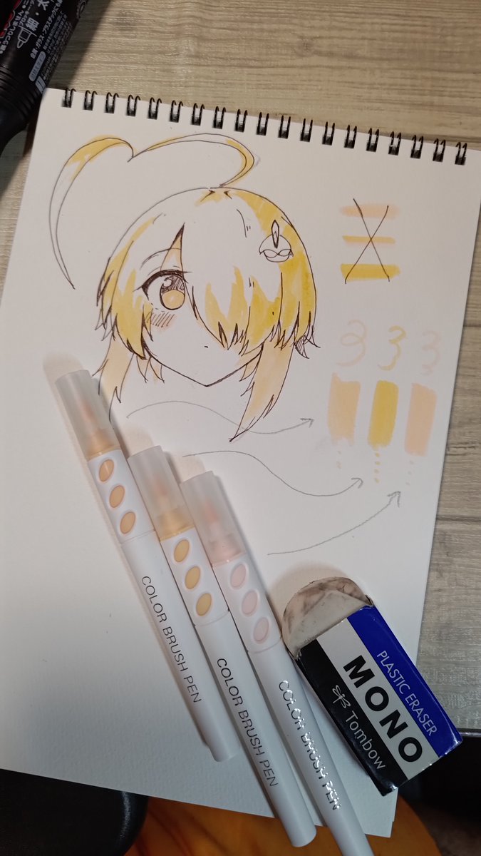 百均のセリアの水彩マーカーを使ってみた感想
【良い点】
・安い。3本で100円
・カラバリ豊富。30色弱ある。
・ペン先が程々に固くて入り抜きしやすい
・コピックに比べて裏写りしない
【気になった点】
・ペンが丸くて転がる。落下、紛失注意
・色の番号がない。自分でペンに番号を振る等の工夫要 