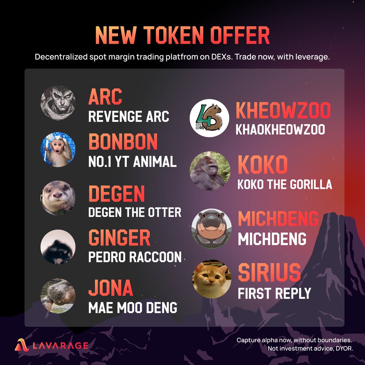Lavaragexyz's tweet photo. Attention Lavanauts 🧑🏻‍🚀 Our lenders have supplied liquidity for new tokens! You can now trade:

✨ $ARC 
✨ $BONBON @SolanaBONBON
✨ $DEGEN @DegenOtter_SOL
✨ $GINGER @GingerRaccoon
✨ $JONA @JonaOnSol
✨ #KHEOWZOO 
✨ $KOKO @KokoGorillaCTO
✨ #MICHDENG @michdeng
✨ $SIRIUS @siriuscatcto

with leverage on Lavarage!
