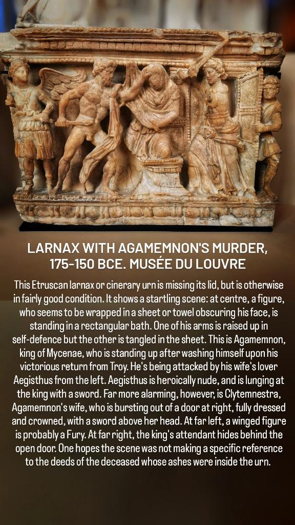 antmoose's tweet photo. "Darling, you're not still angry about me sacrificing our daughter #Iphigenia all those years ago?" Apparently #Clytemnestra was still angry, as this scene on a #larnax from #Volterra shows. This #relief for #SarcophagusSaturday shows the #Hellenistic taste of late #Etruscan art. https://t.co/u7ixo4OrSd