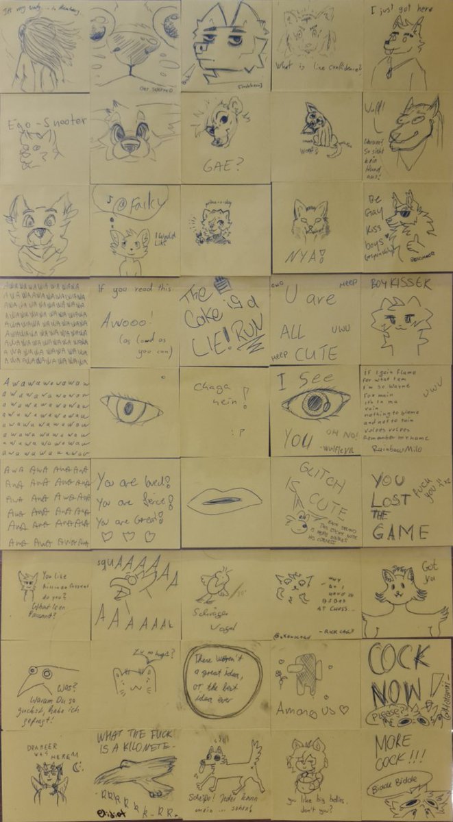 Aninok_Magnolis's tweet photo. At this years #Eurofurence we made a giant chess board! And what initally was planned to be Post-its for rules of a specific chess variant was quickly repurposed by Furries for their artistic endeavours to stick on the column beside it. Here is a 'Best of EF Post-its' x3 https://t.co/F3bo7YFBGi