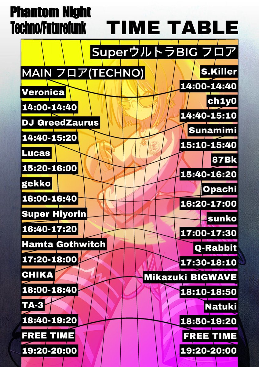 Styles_of_V's tweet photo. 明日開催です!
Phantom Night
📍中目黒Solfa
⏱14:00-20:00
🎧Techno / Future Funk
💵¥3000+1D
🈹¥2500+1D
【MAINフロア】
DJ GreedZaurus @GreedZaurus
gekko @gekko_vdj
Veronica
Lucas @LucqsNumber
Hamta Gothwitch @Hamta_Gothwitch
すーぱーひよりん@yonyonwan
CHIKA @CHIKA_deejay
TA-3 @ta_san3_
【SuperウルトラBIGフロア】
S.killer @anonymous_k_564
ch1y0 @02a_1
sunamimi @SUTONAI_0522
87Bk @Hira_87Bk
Natuki @_Na2Kii_
おぱち@80village
Sunko @SunkoTeyan
Q-Rabbit @i_9__
ミカヅキBIGWAVE @mikazukiBIGWAVE
Illust : @Yu_Sya_Oh
#phan_n