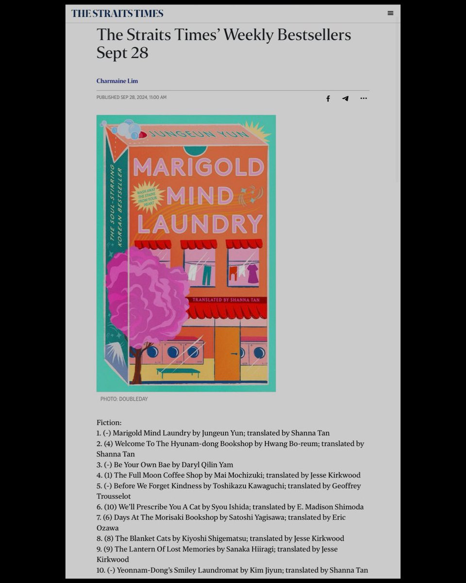 THIS IS UNREAL. All 3 of my translations from Korean are on the <a href="/straits_times/">The Straits Times</a> bestseller list this week at number 1, 2 and 10 🥹🥹🥹🩷